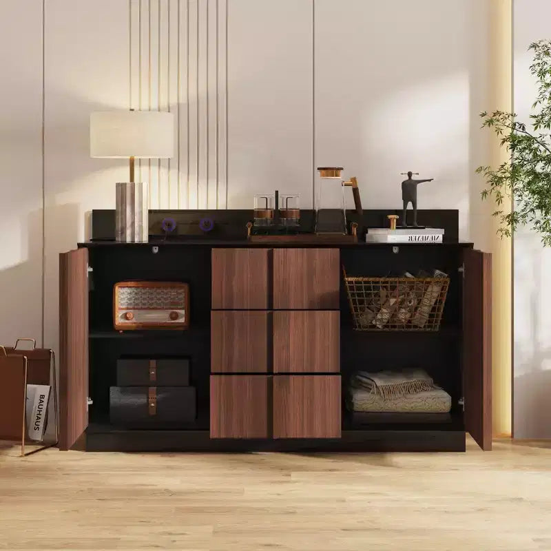 Credenza buffet da cucina multifunzionale Famapy con prese scorrevoli, finitura lucida nera e legno