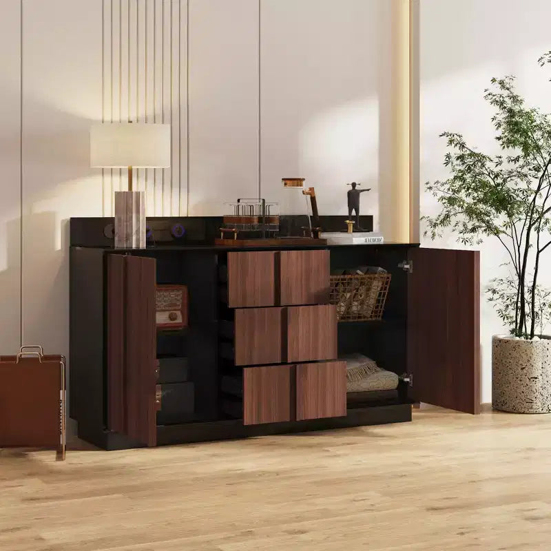 Credenza buffet da cucina multifunzionale Famapy con prese scorrevoli, finitura lucida nera e legno