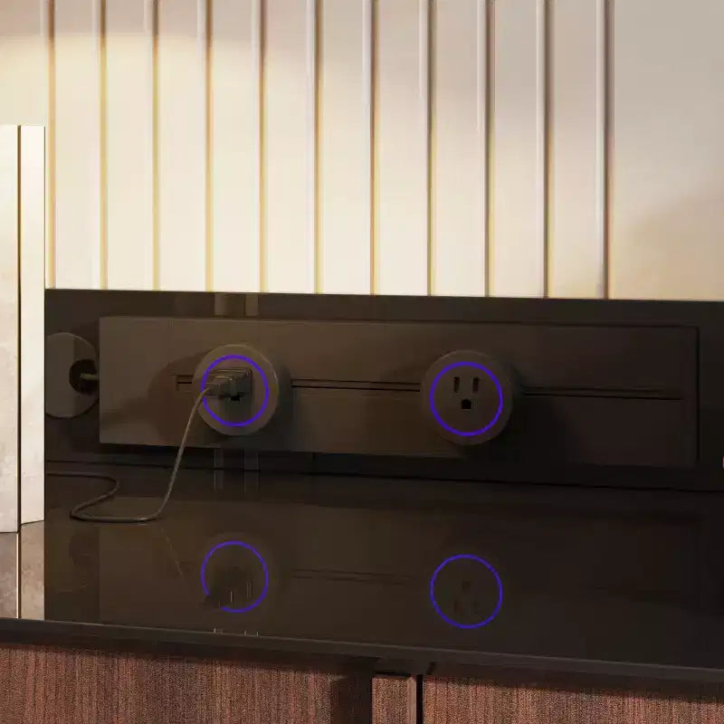 Credenza buffet da cucina multifunzionale Famapy con prese scorrevoli, finitura lucida nera e legno