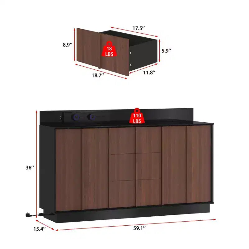 Credenza buffet da cucina multifunzionale Famapy con prese scorrevoli, finitura lucida nera e legno