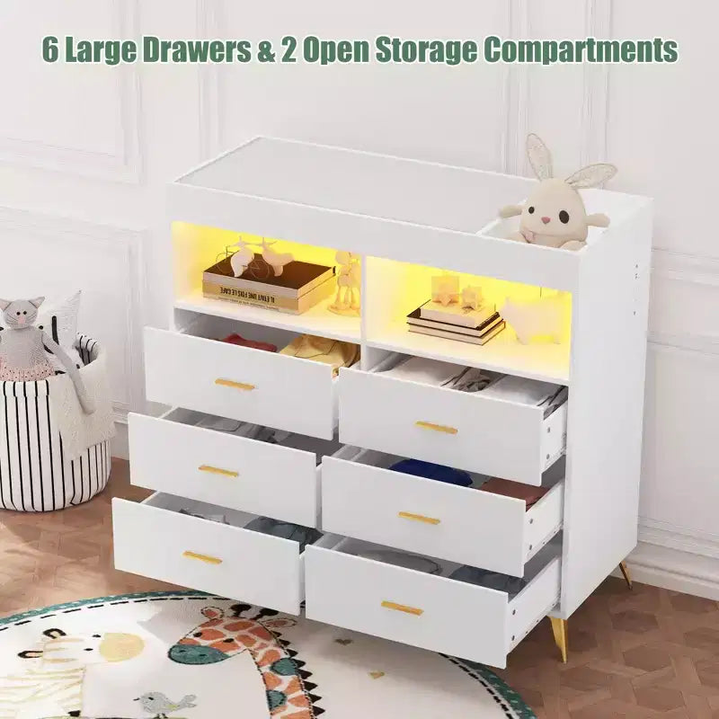 Fasciatoio Comò Cassettiera Comò Multifunzione per Bambini con Luci LED e Presa di Corrente (6 Cassetti + 2 Ripiani)