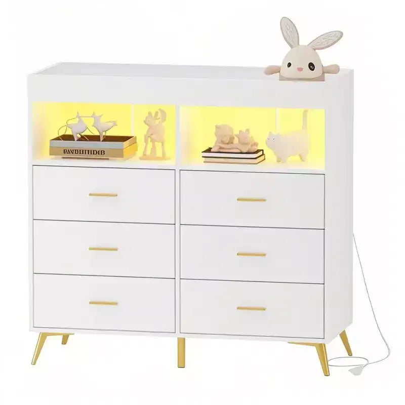 Fasciatoio Comò Cassettiera Comò Multifunzione per Bambini con Luci LED e Presa di Corrente (6 Cassetti + 2 Ripiani)