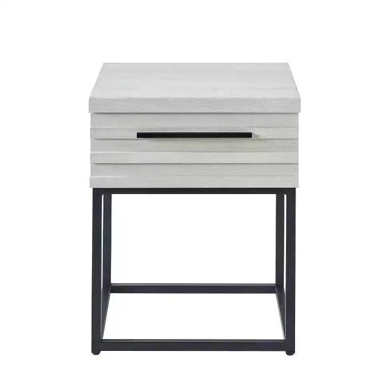 Tavolino rustico Okak con cassetto e gambe in metallo, comodino con piano spesso, tavolino d'appoggio per divano, soggiorno, camera da letto