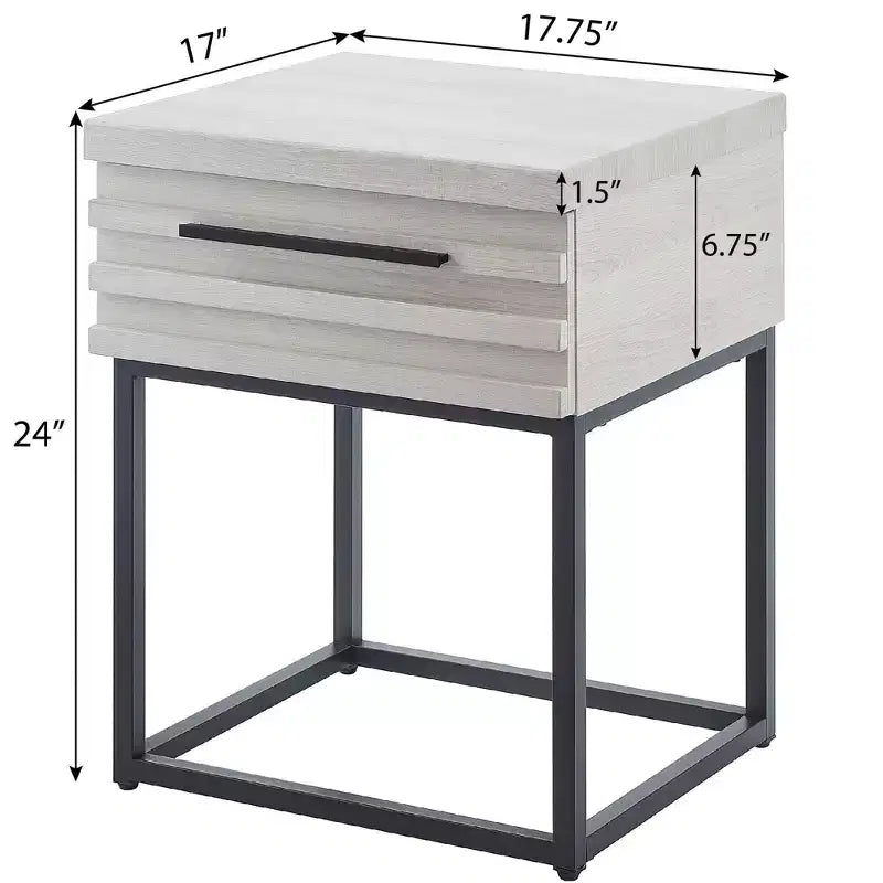 Tavolino rustico Okak con cassetto e gambe in metallo, comodino con piano spesso, tavolino d'appoggio per divano, soggiorno, camera da letto