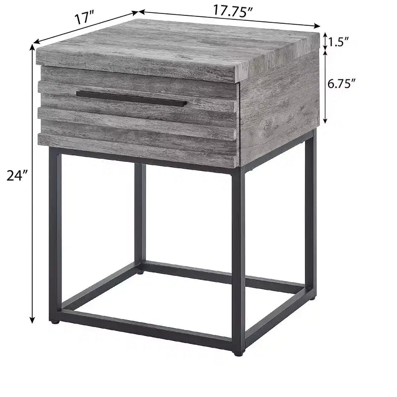 Tavolino rustico Okak con cassetto e gambe in metallo, comodino con piano spesso, tavolino d'appoggio per divano, soggiorno, camera da letto