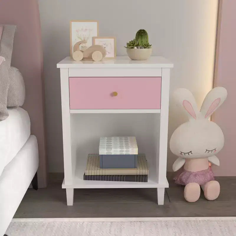 Comodino Rosa in Legno con 1 Cassetto e 1 Ripiano Per Bambini e Adulti