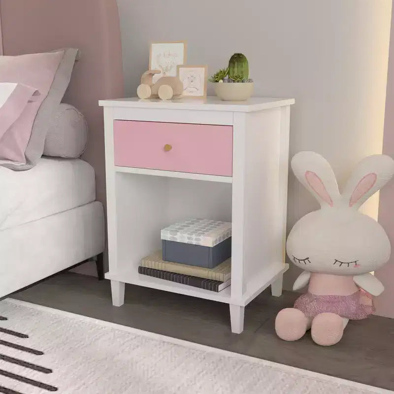 Comodino Rosa in Legno con 1 Cassetto e 1 Ripiano Per Bambini e Adulti