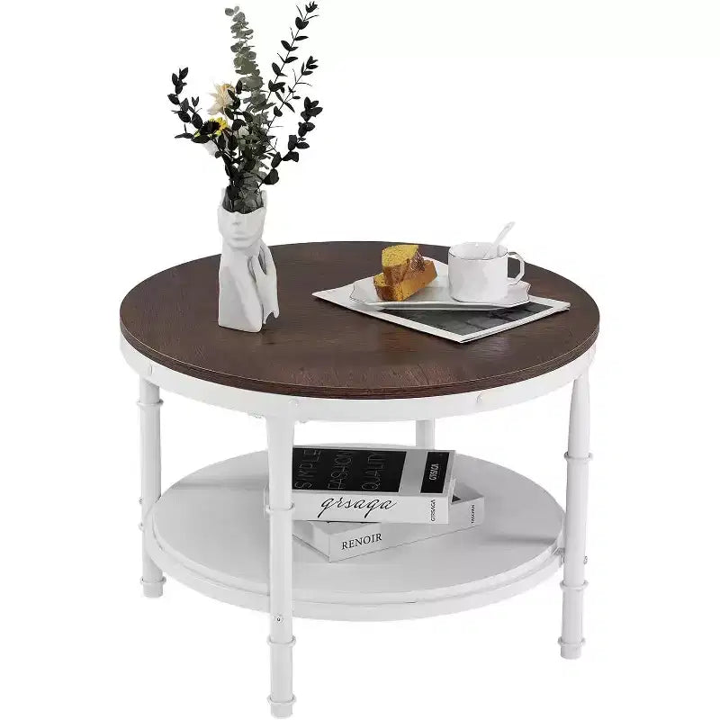 VINGLI Tavolino da caffè rotondo in rovere rustico bianco da 25,6 pollici, tavolino centrale in legno a 2 ripiani con spazio di archiviazione per soggiorno
