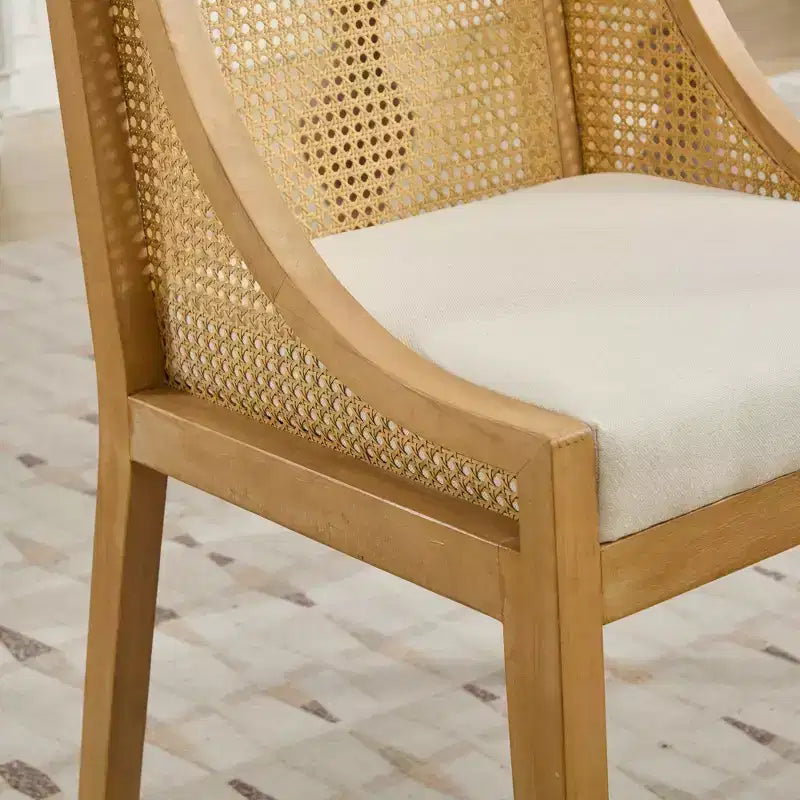 MAYEERTY Sedia da pranzo in rattan - Telaio in legno massello, braccioli decorativi, seduta in lino, stile rustico, finitura naturale, confezione singola