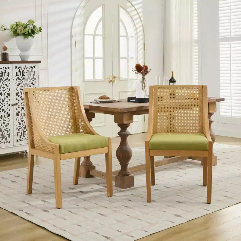 MAYEERTY Sedia da pranzo in rattan - Telaio in legno massello, braccioli decorativi, seduta in lino, stile rustico, finitura naturale, confezione singola