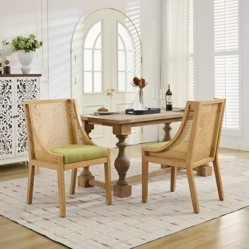 MAYEERTY Sedia da pranzo in rattan - Telaio in legno massello, braccioli decorativi, seduta in lino, stile rustico, finitura naturale, confezione singola