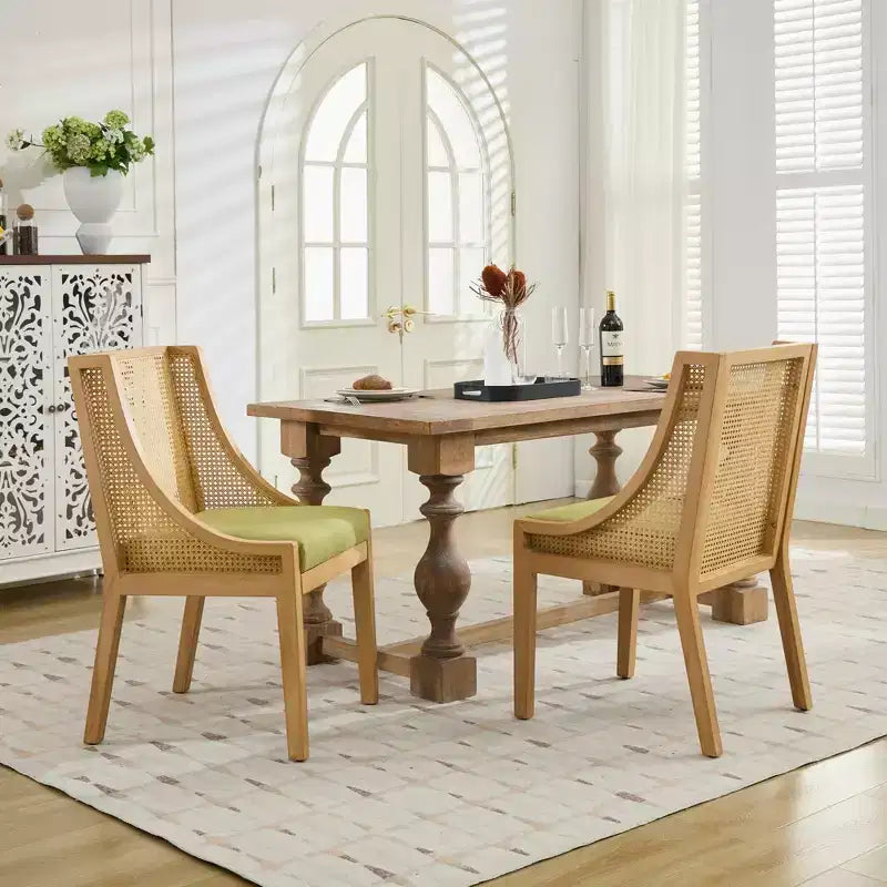 MAYEERTY Sedia da pranzo in rattan - Telaio in legno massello, braccioli decorativi, seduta in lino, stile rustico, finitura naturale, confezione singola