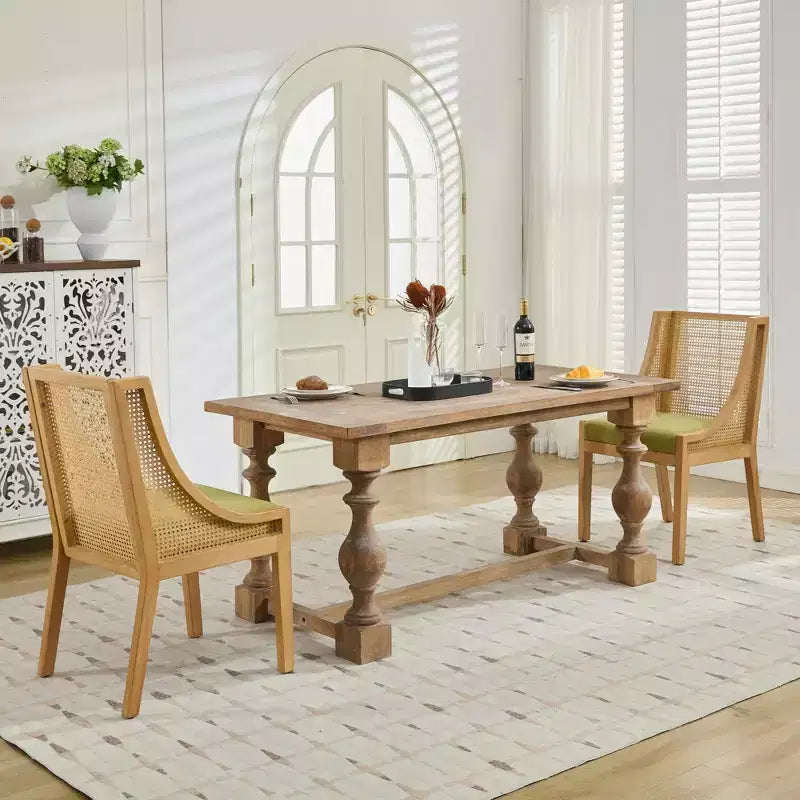 MAYEERTY Sedia da pranzo in rattan - Telaio in legno massello, braccioli decorativi, seduta in lino, stile rustico, finitura naturale, confezione singola