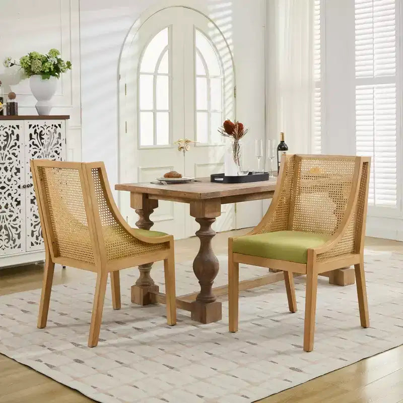 MAYEERTY Sedia da pranzo in rattan - Telaio in legno massello, braccioli decorativi, seduta in lino, stile rustico, finitura naturale, confezione singola