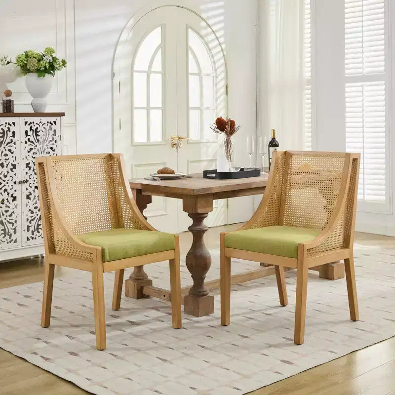 MAYEERTY Sedia da pranzo in rattan - Telaio in legno massello, braccioli decorativi, seduta in lino, stile rustico, finitura naturale, confezione singola