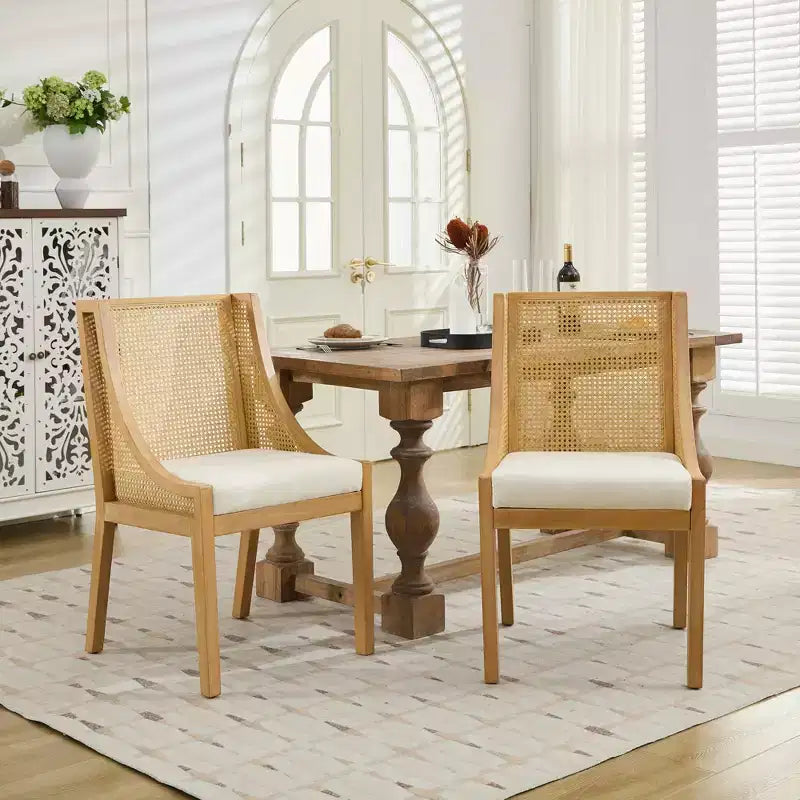 MAYEERTY Sedia da pranzo in rattan - Telaio in legno massello, braccioli decorativi, seduta in lino, stile rustico, finitura naturale, confezione singola