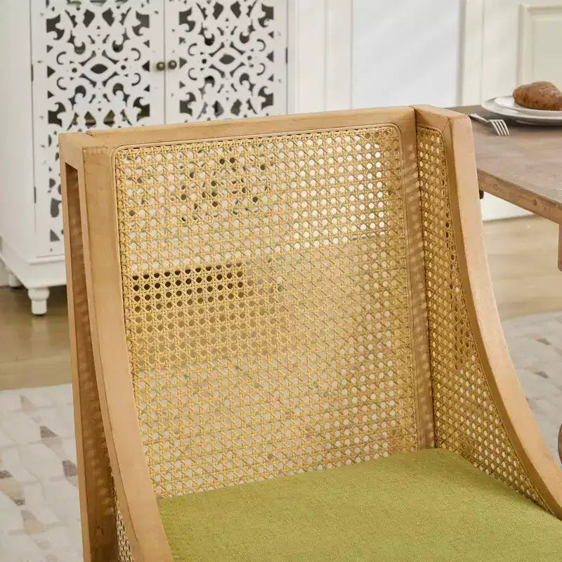 MAYEERTY Sedia da pranzo in rattan - Telaio in legno massello, braccioli decorativi, seduta in lino, stile rustico, finitura naturale, confezione singola