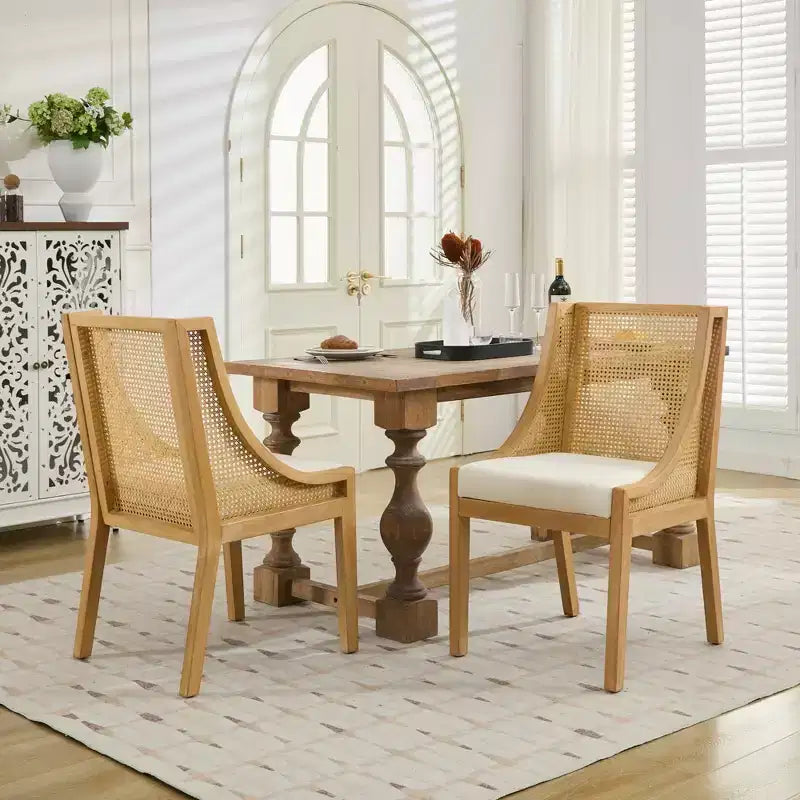 MAYEERTY Sedia da pranzo in rattan - Telaio in legno massello, braccioli decorativi, seduta in lino, stile rustico, finitura naturale, confezione singola