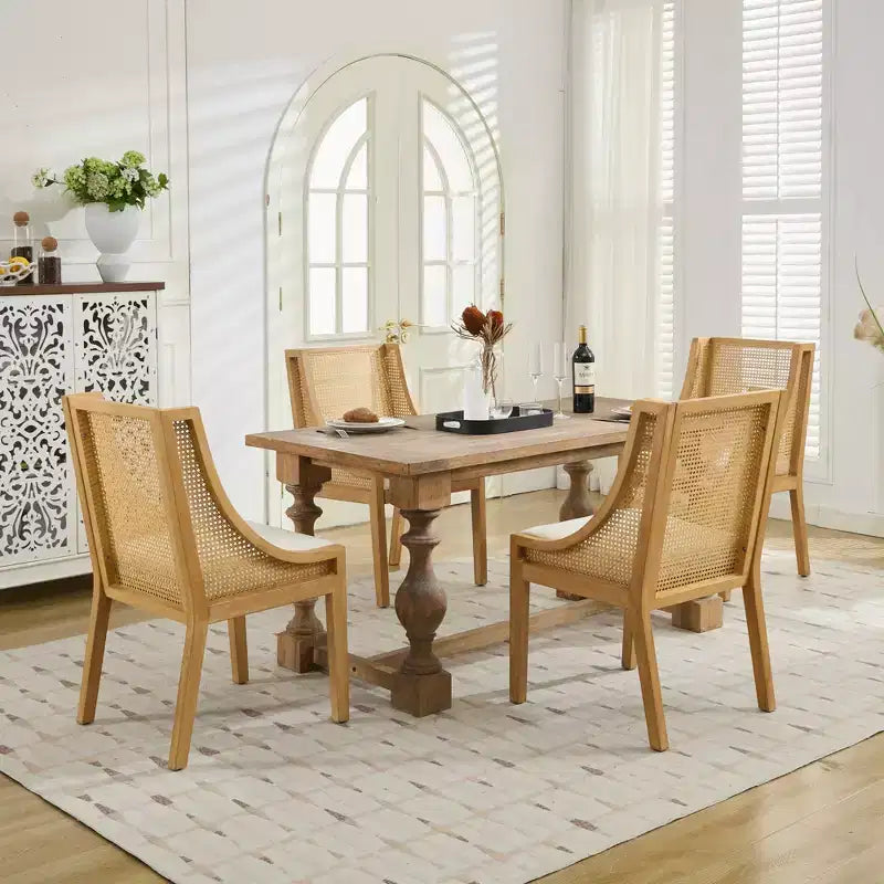 MAYEERTY Sedia da pranzo in rattan - Telaio in legno massello, braccioli decorativi, seduta in lino, stile rustico, finitura naturale, confezione singola