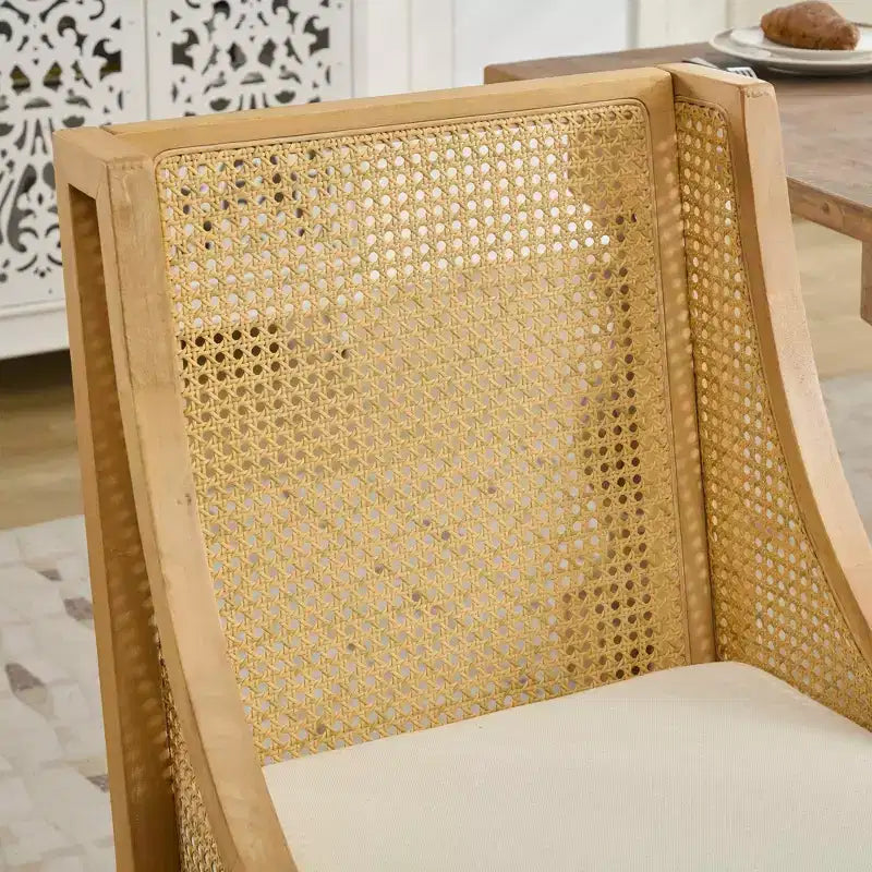 MAYEERTY Sedia da pranzo in rattan - Telaio in legno massello, braccioli decorativi, seduta in lino, stile rustico, finitura naturale, confezione singola