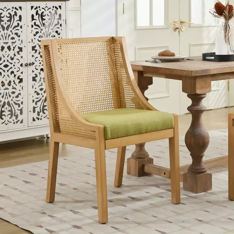 MAYEERTY Sedia da pranzo in rattan - Telaio in legno massello, braccioli decorativi, seduta in lino, stile rustico, finitura naturale, confezione singola