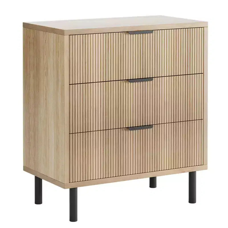 Comodino con cassetti spaziosi e gambe in metallo, comodino/tavolino compatto in legno adatto per camere da letto e soggiorni.