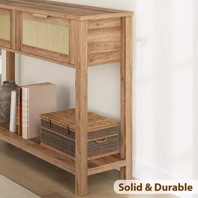 Tavolini Console a 43 Pollici in Rattan Stile Fattoria per Ingresso, Tavolo Stretto in Legno Dietro il Divano, Tavolo Console Boho per Soggiorno