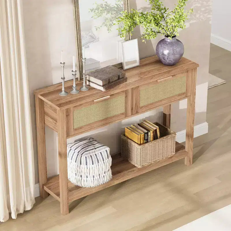 Tavolini Console a 43 Pollici in Rattan Stile Fattoria per Ingresso, Tavolo Stretto in Legno Dietro il Divano, Tavolo Console Boho per Soggiorno