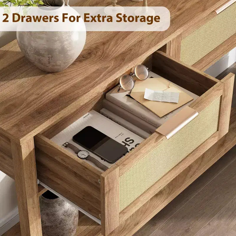 Tavolini Console a 43 Pollici in Rattan Stile Fattoria per Ingresso, Tavolo Stretto in Legno Dietro il Divano, Tavolo Console Boho per Soggiorno