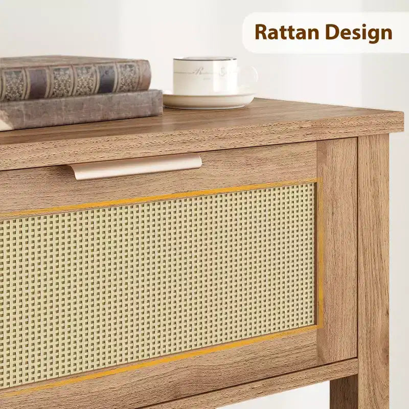 Tavolini Console a 43 Pollici in Rattan Stile Fattoria per Ingresso, Tavolo Stretto in Legno Dietro il Divano, Tavolo Console Boho per Soggiorno