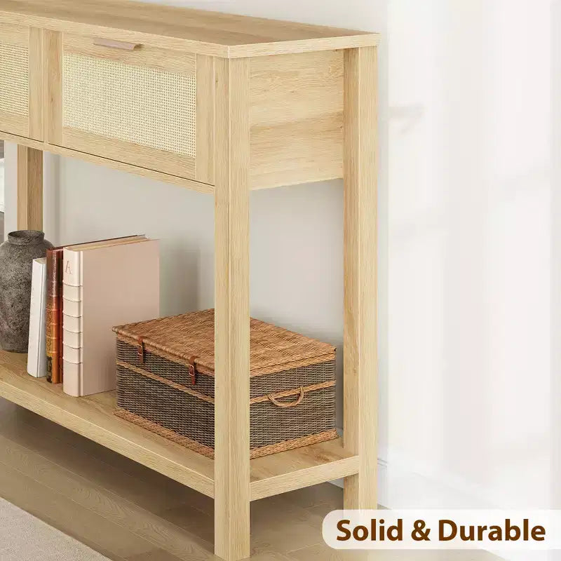 Tavolini Console a 43 Pollici in Rattan Stile Fattoria per Ingresso, Tavolo Stretto in Legno Dietro il Divano, Tavolo Console Boho per Soggiorno
