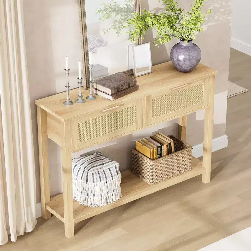 Tavolini Console a 43 Pollici in Rattan Stile Fattoria per Ingresso, Tavolo Stretto in Legno Dietro il Divano, Tavolo Console Boho per Soggiorno