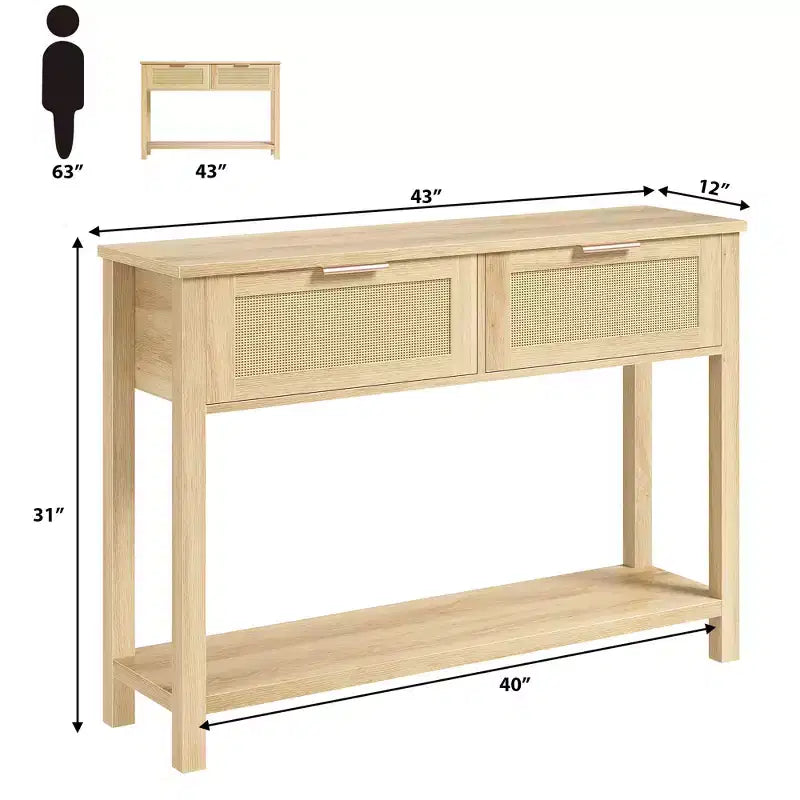 Tavolini Console a 43 Pollici in Rattan Stile Fattoria per Ingresso, Tavolo Stretto in Legno Dietro il Divano, Tavolo Console Boho per Soggiorno