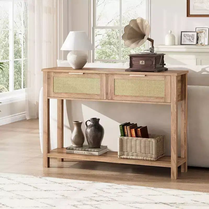 Tavolini Console a 43 Pollici in Rattan Stile Fattoria per Ingresso, Tavolo Stretto in Legno Dietro il Divano, Tavolo Console Boho per Soggiorno