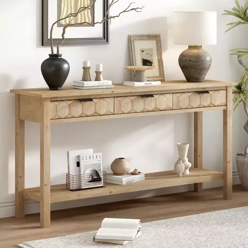 Clihome 60 Tavolo d'ingresso impiallacciato in abete con frontali a nido d'ape, Tavolo console moderno ed elegante con 3 cassetti e gambe in abete massello