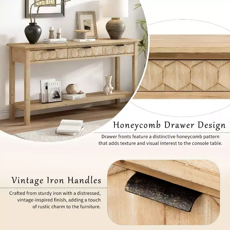 Clihome 60 Tavolo d'ingresso impiallacciato in abete con frontali a nido d'ape, Tavolo console moderno ed elegante con 3 cassetti e gambe in abete massello