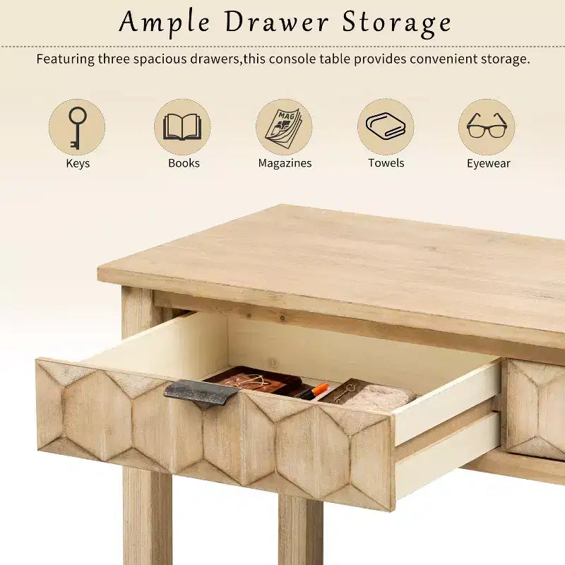 Clihome 60 Tavolo d'ingresso impiallacciato in abete con frontali a nido d'ape, Tavolo console moderno ed elegante con 3 cassetti e gambe in abete massello