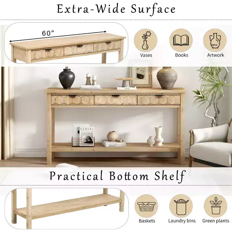 Clihome 60 Tavolo d'ingresso impiallacciato in abete con frontali a nido d'ape, Tavolo console moderno ed elegante con 3 cassetti e gambe in abete massello