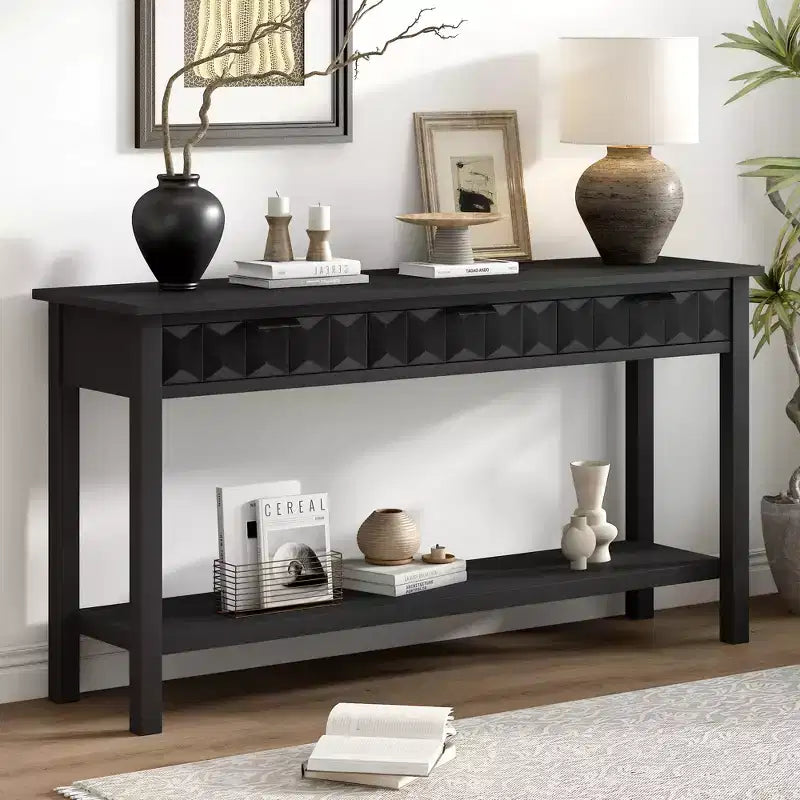 Clihome 60 Tavolo d'ingresso impiallacciato in abete con frontali a nido d'ape, Tavolo console moderno ed elegante con 3 cassetti e gambe in abete massello