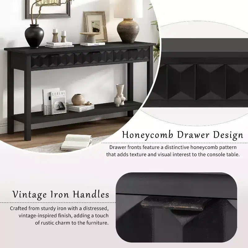 Clihome 60 Tavolo d'ingresso impiallacciato in abete con frontali a nido d'ape, Tavolo console moderno ed elegante con 3 cassetti e gambe in abete massello