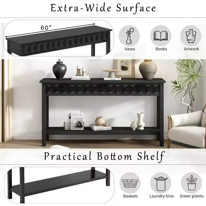 Clihome 60 Tavolo d'ingresso impiallacciato in abete con frontali a nido d'ape, Tavolo console moderno ed elegante con 3 cassetti e gambe in abete massello