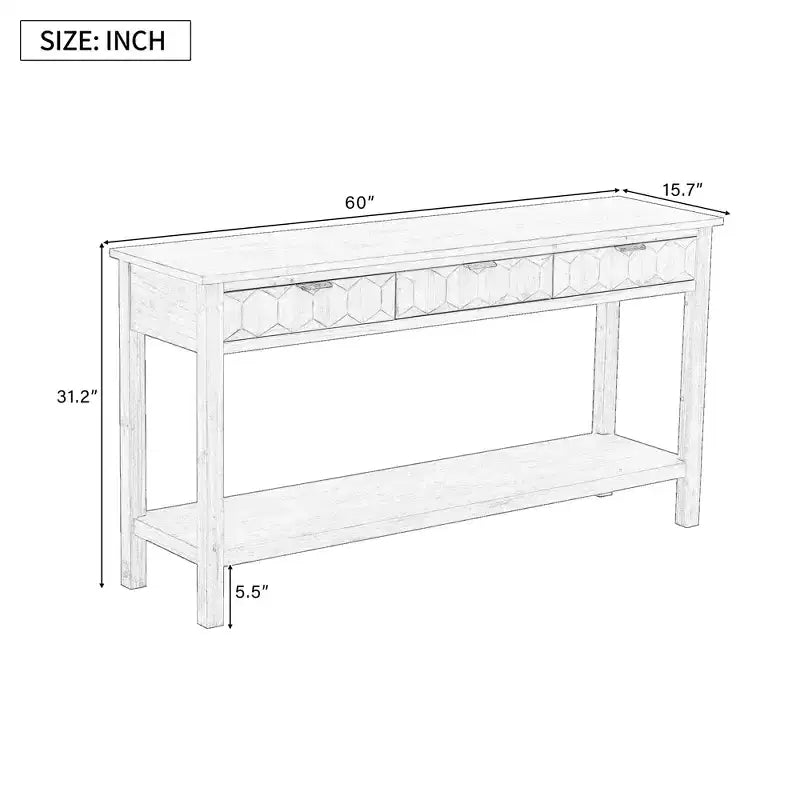 Clihome 60 Tavolo d'ingresso impiallacciato in abete con frontali a nido d'ape, Tavolo console moderno ed elegante con 3 cassetti e gambe in abete massello