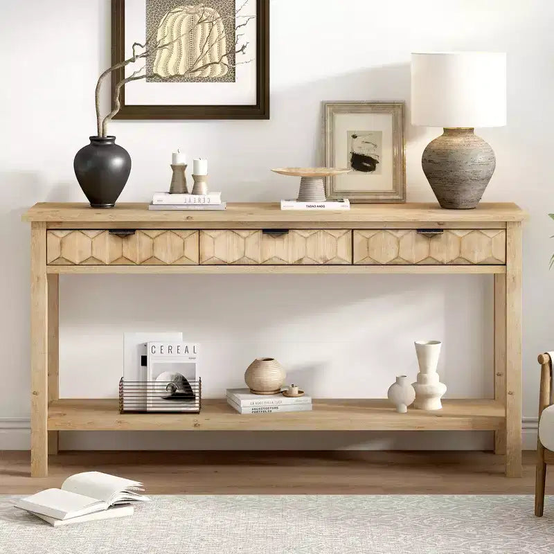 Clihome 60 Tavolo d'ingresso impiallacciato in abete con frontali a nido d'ape, Tavolo console moderno ed elegante con 3 cassetti e gambe in abete massello