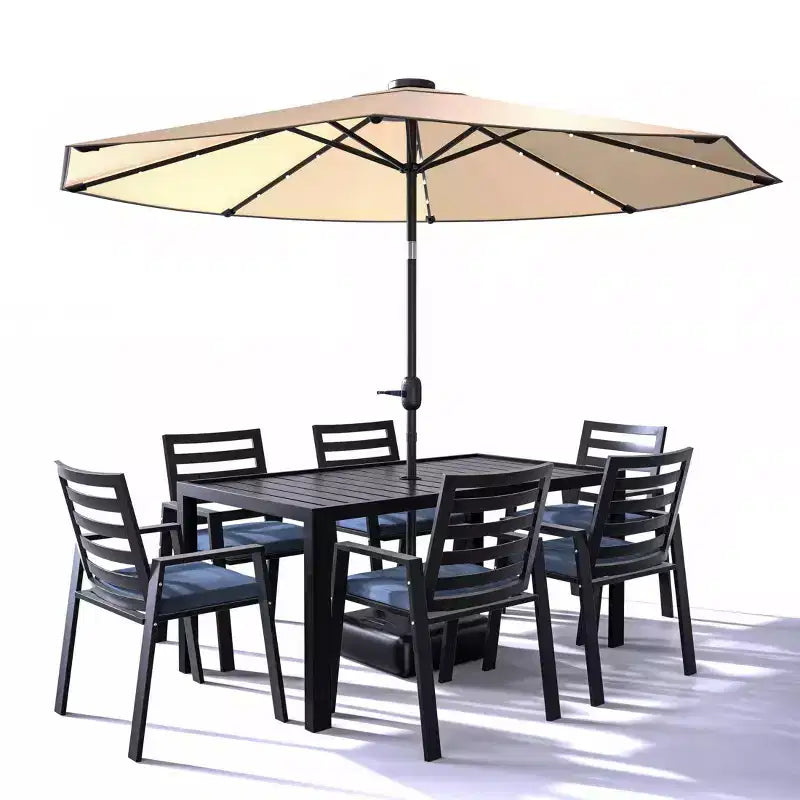 LesiureMod Chelsea Set da Pranzo da Esterno 7 Pezzi - Tavolo da Pranzo in Alluminio con Foro per Ombrellone e Sedie con Braccioli e Cuscini