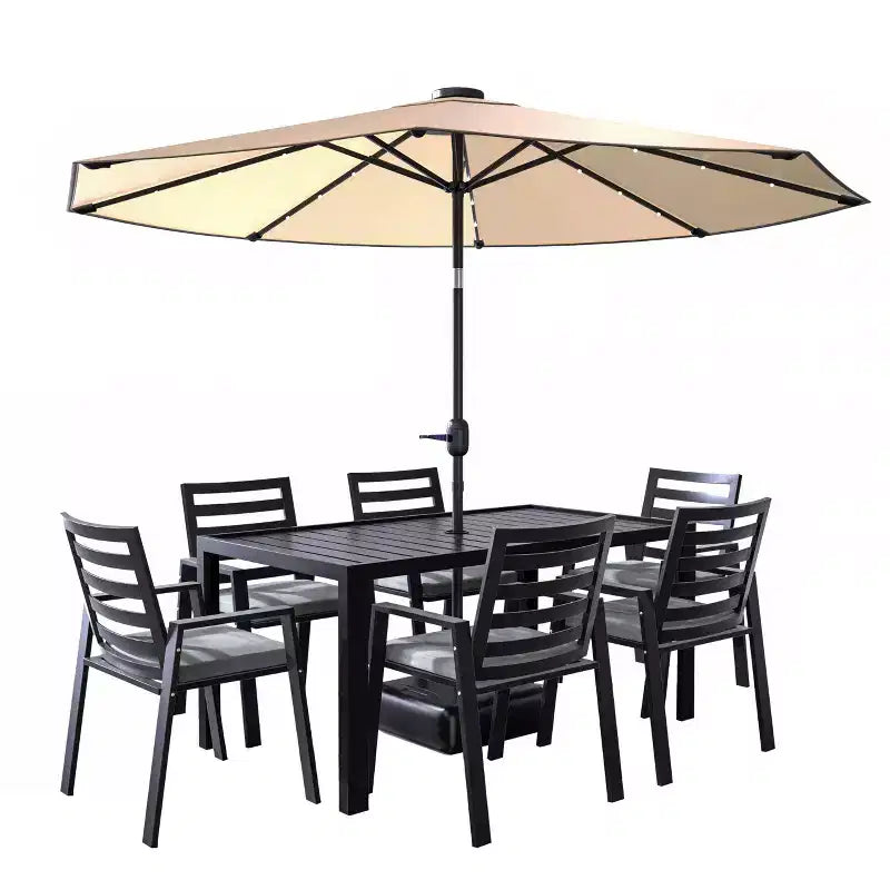 LesiureMod Chelsea Set da Pranzo da Esterno 7 Pezzi - Tavolo da Pranzo in Alluminio con Foro per Ombrellone e Sedie con Braccioli e Cuscini