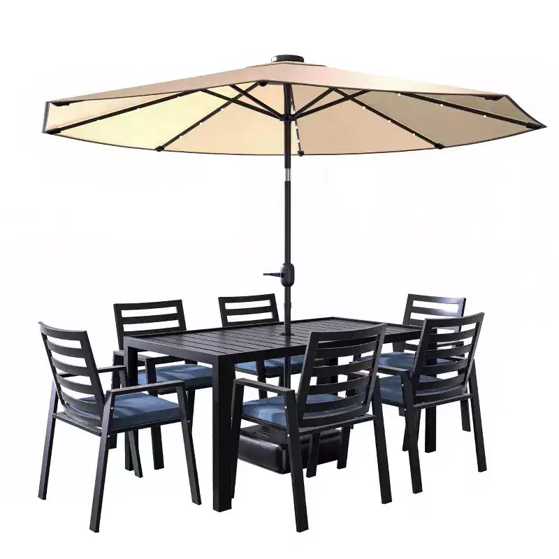 LesiureMod Chelsea Set da Pranzo da Esterno 7 Pezzi - Tavolo da Pranzo in Alluminio con Foro per Ombrellone e Sedie con Braccioli e Cuscini
