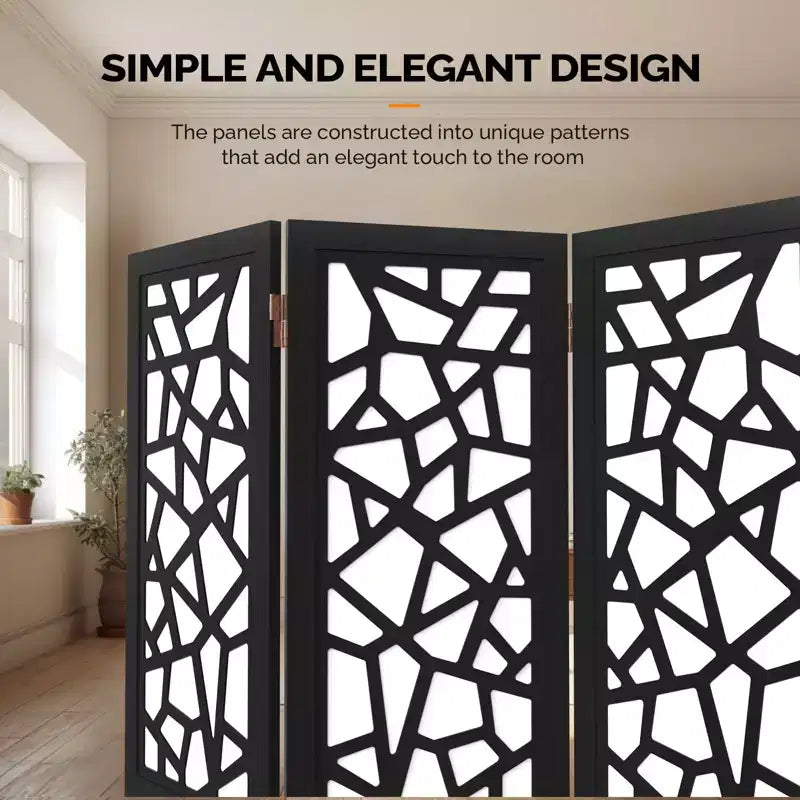 Divisorio per ambienti a 6 pannelli VINGLI, paravento in tessuto non tessuto, divisori per pareti interne, separatore di spazi autoportante con motivo unico (nero)