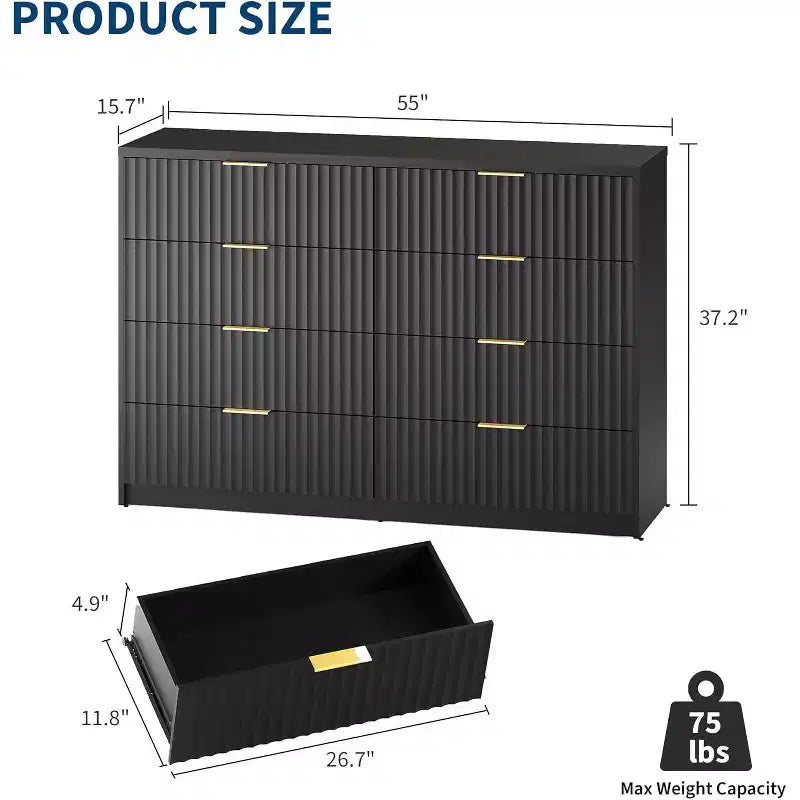Modern Fluted 8/9-Drawer Dresser, Dresser for Bedroom Chest of Drawers, Storage Organizer for Living Room Hallway Entryway, Wood Color/Black/White