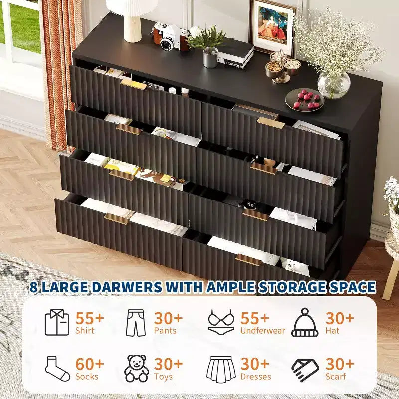 Modern Fluted 8/9-Drawer Dresser, Dresser for Bedroom Chest of Drawers, Storage Organizer for Living Room Hallway Entryway, Wood Color/Black/White