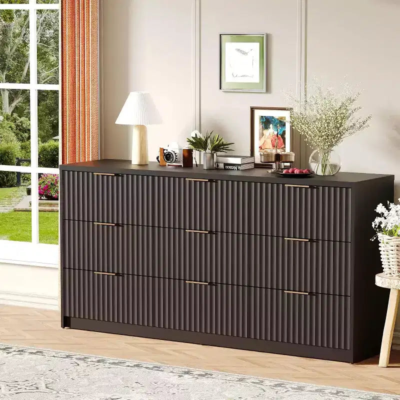 Modern Fluted 8/9-Drawer Dresser, Dresser for Bedroom Chest of Drawers, Storage Organizer for Living Room Hallway Entryway, Wood Color/Black/White